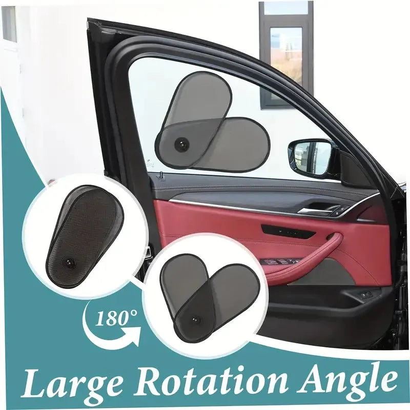 Black stretchy car side window shade with suction cups attached to glass, shown in a collapsed state.