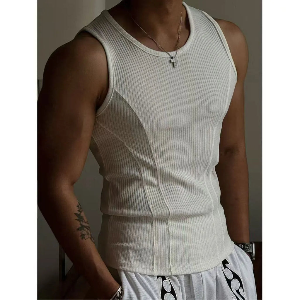 Black men's tight-fitting polyester sports vest tank top on a mannequin, front view.