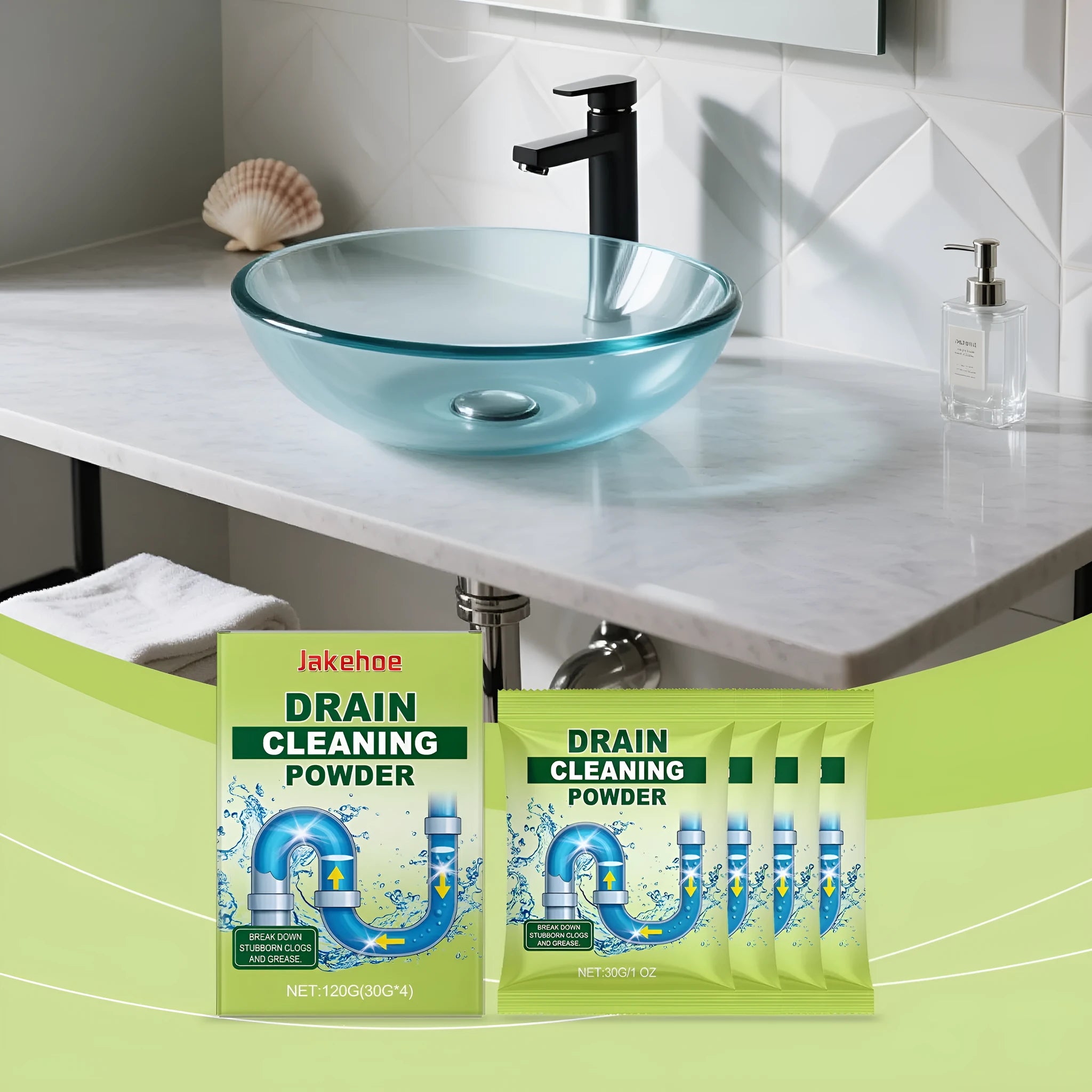 120g container of drain unblocking powder for sinks and showers