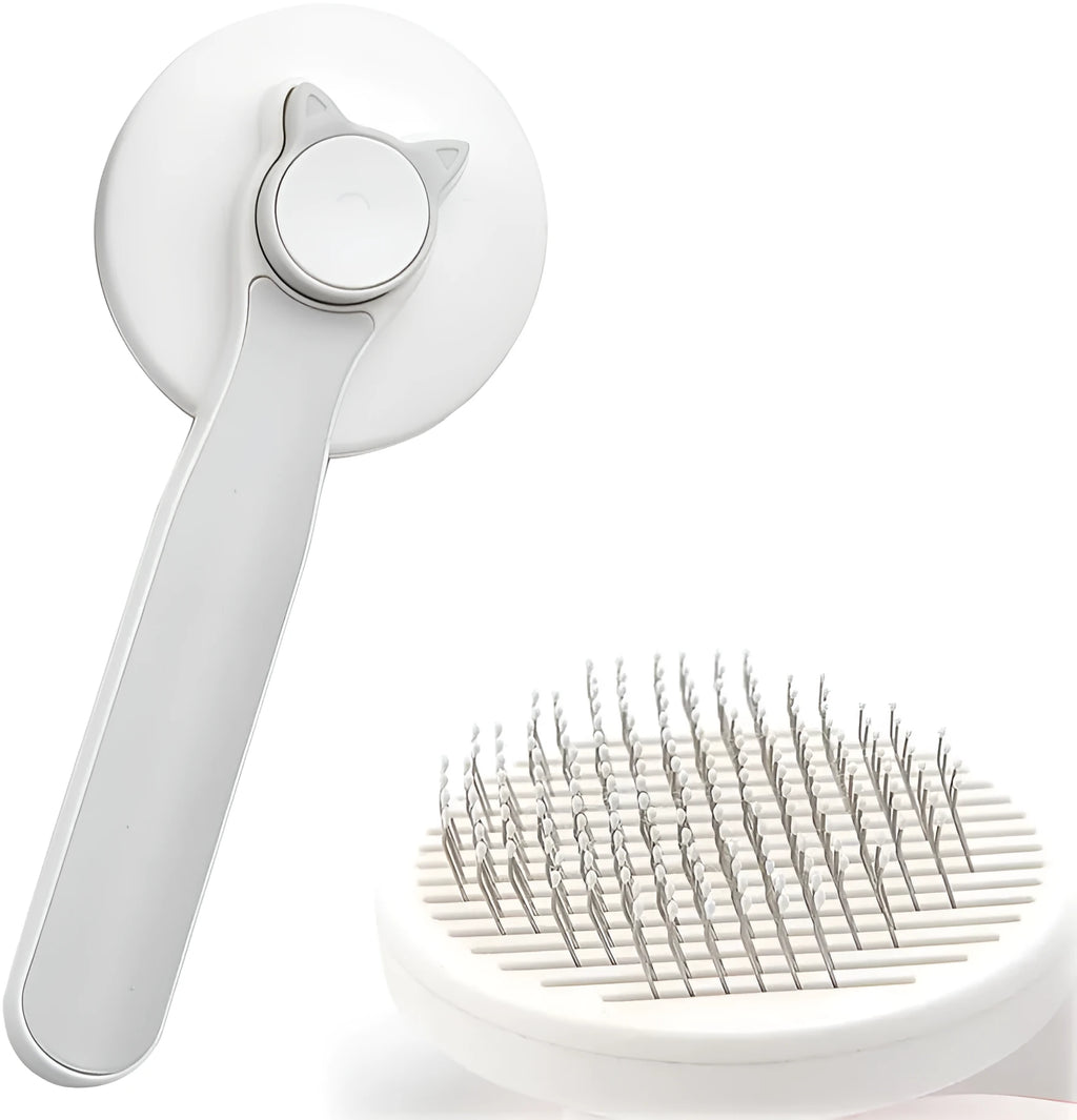 Blue self-cleaning cat grooming brush with rubber-tipped metal pins and ergonomic rubber handle