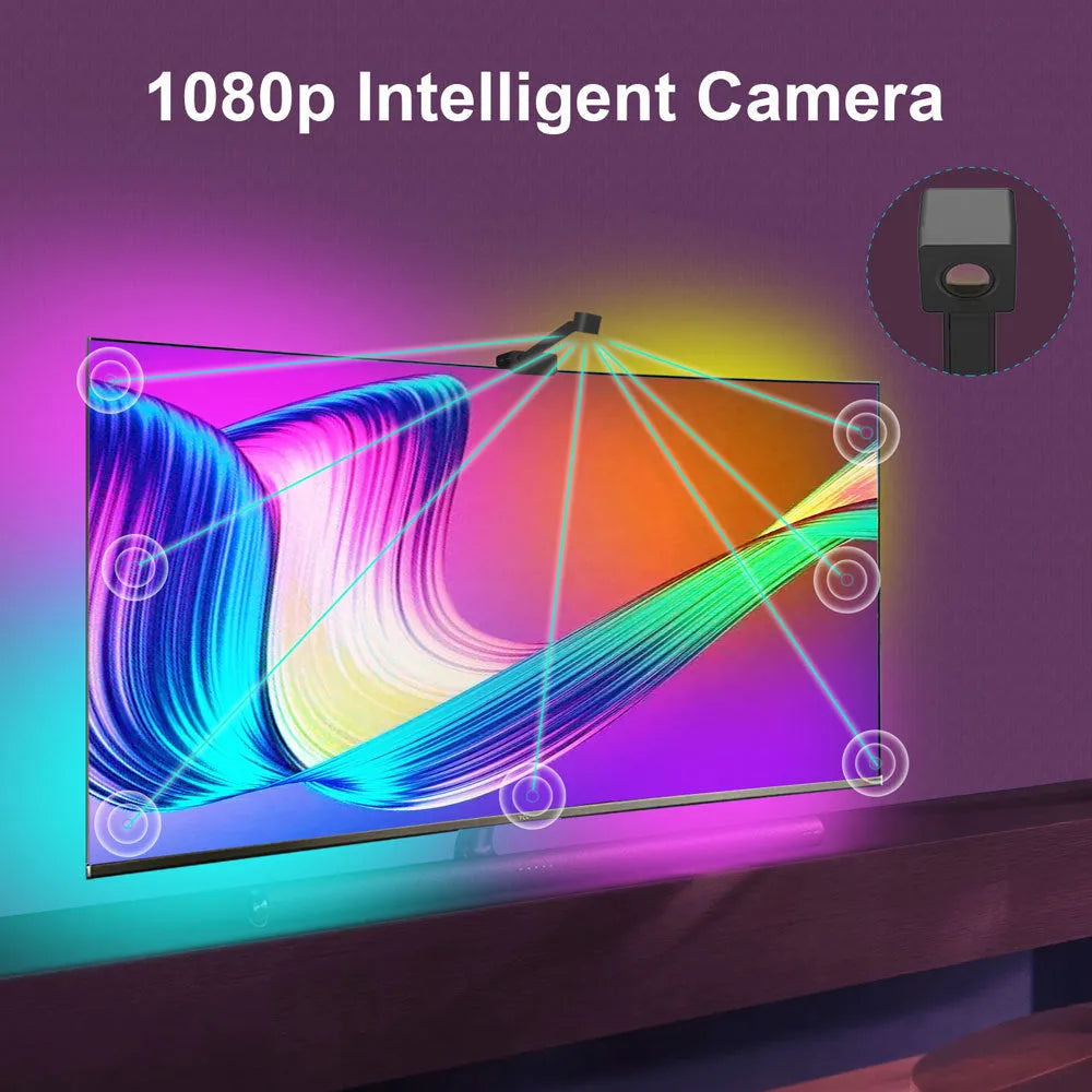 Black smart LED light strip with camera controller for TV backlighting, shown with remote and smartphone app interface.