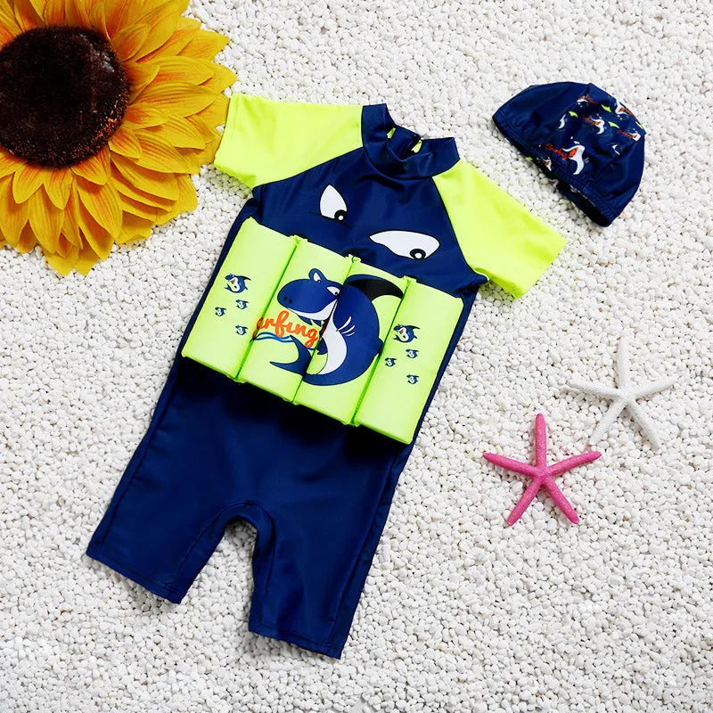A child's one-piece buoyancy swimsuit in a Shark Boy 2808 design, made from nylon.