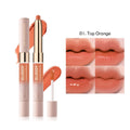 Double-headed matte lipstick showing two complementary colours on opposite ends