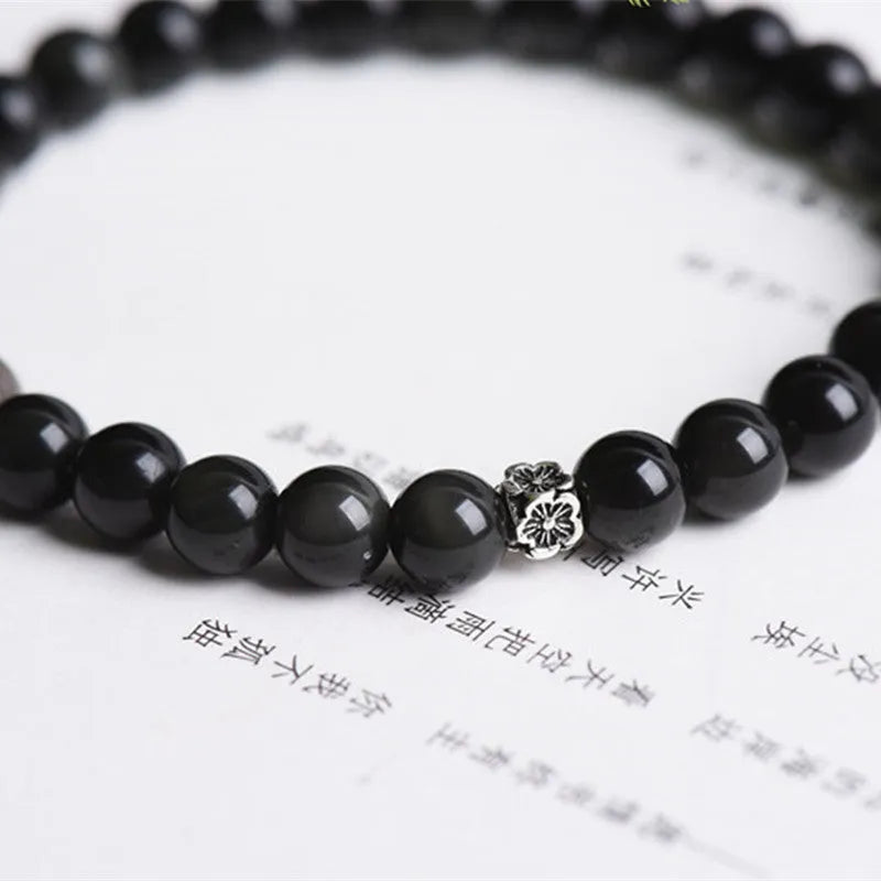 Natural black obsidian bracelet with S925 silver flower accessories and constellation dragon phoenix decorations