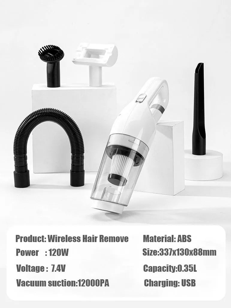 Electric pet hair absorber with 28000Pa suction, wireless charging, white colour, includes floor brush and hair remover brush
