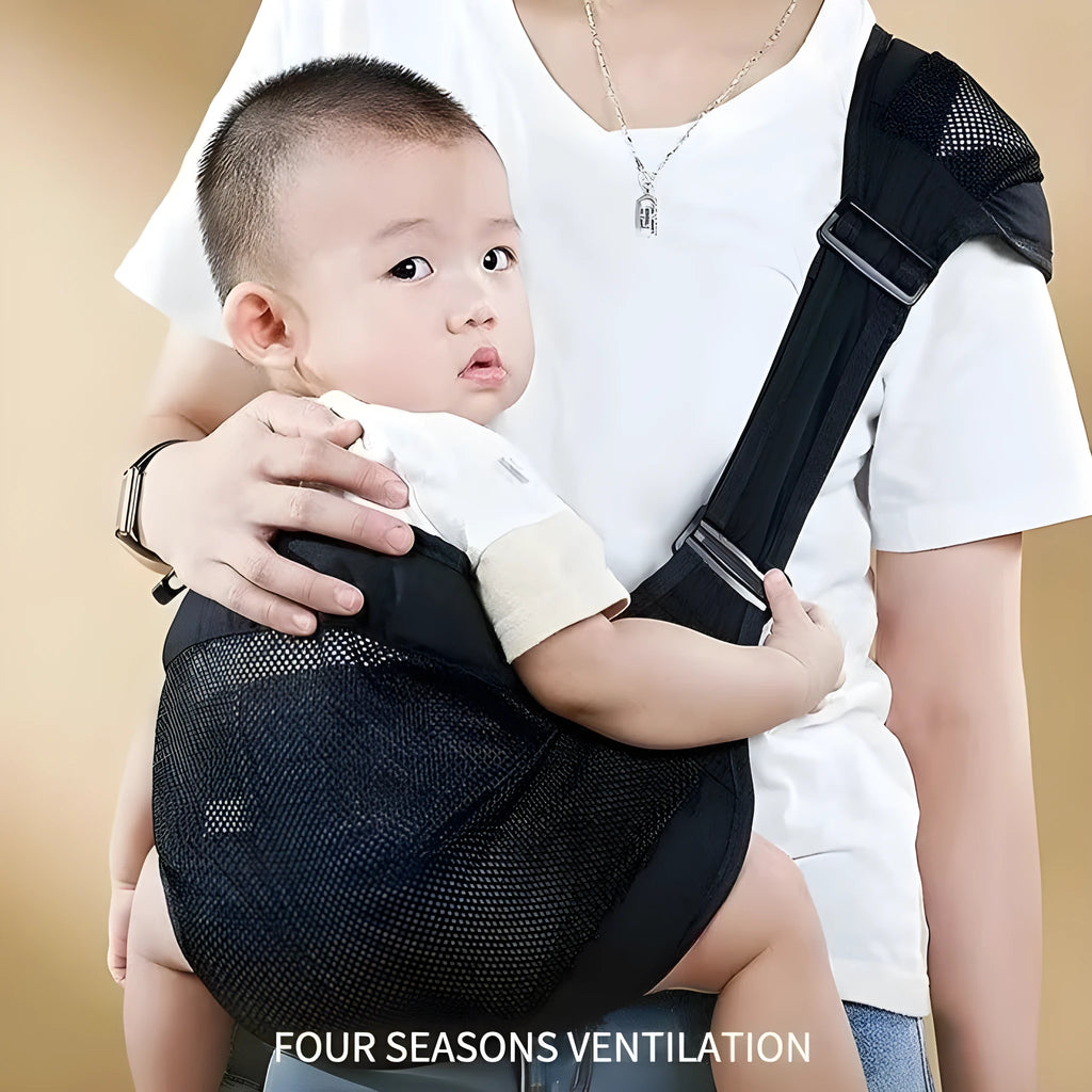 Baby waist stool carrier in grey cloth with adjustable waist support for infants