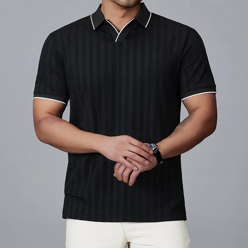 Men's loose fit short sleeve ice silk nylon polo shirt in black on a hanger
