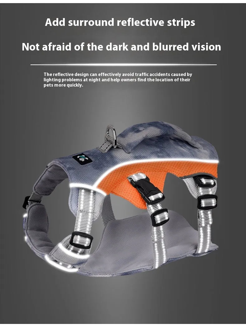 Light blue reflective pet harness chest strap with adjustable clips on a grey background