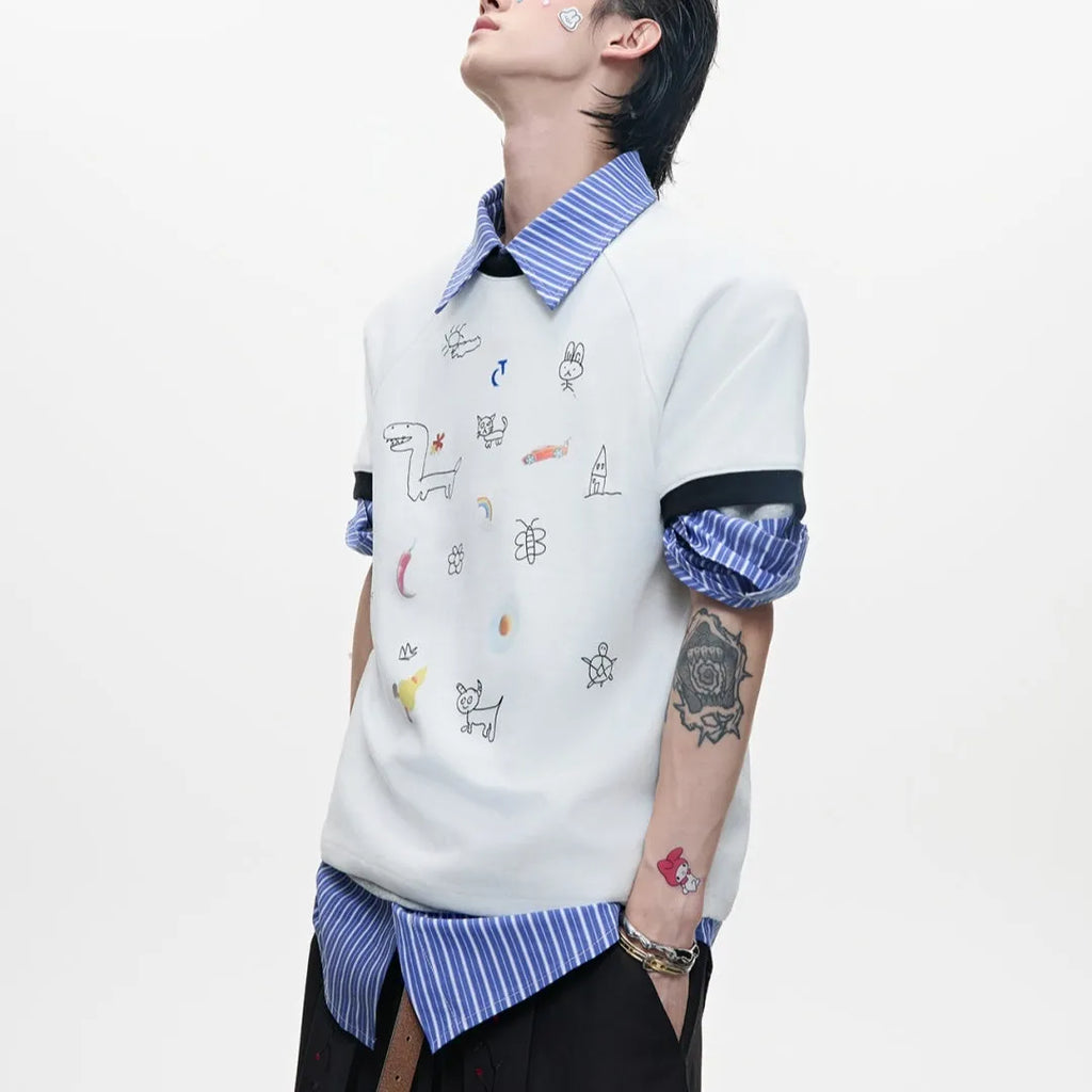 Men's cartoon printed short sleeved shirt in blue colour showing loose fit and print design details