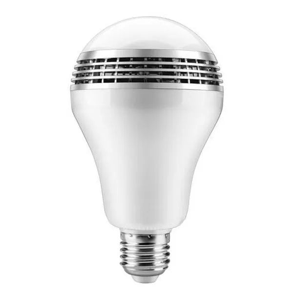 White LED smart bulb with E27 base, featuring integrated Bluetooth speaker for music and light.