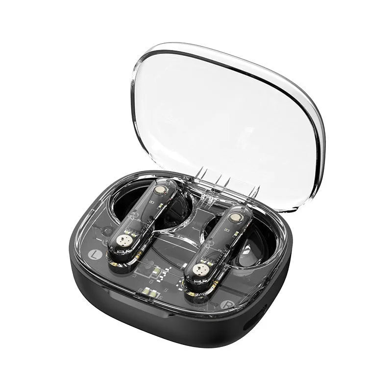 Translucent Bluetooth headset in clear ABS plastic with in-ear fit and charging case