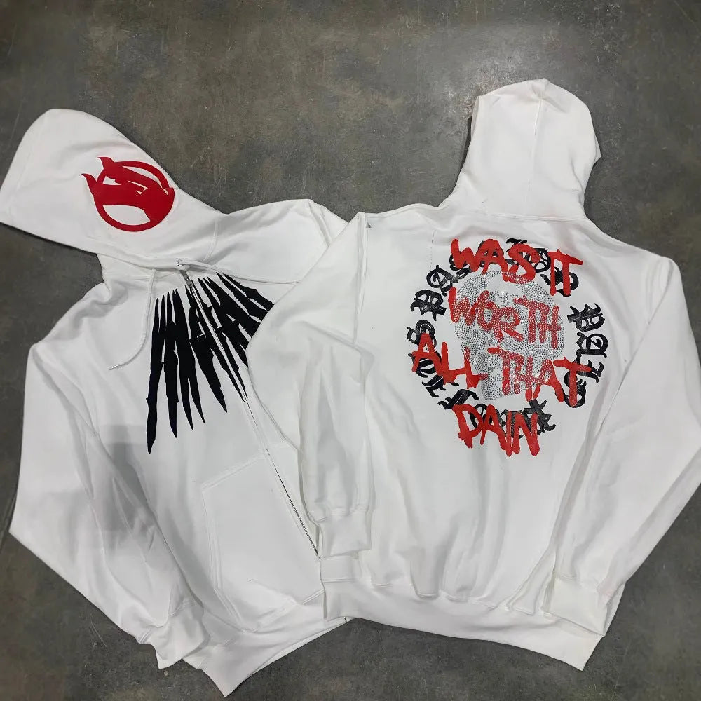 Black loose hooded sweatshirt with white skull and letter print decorated with silver rhinestones.