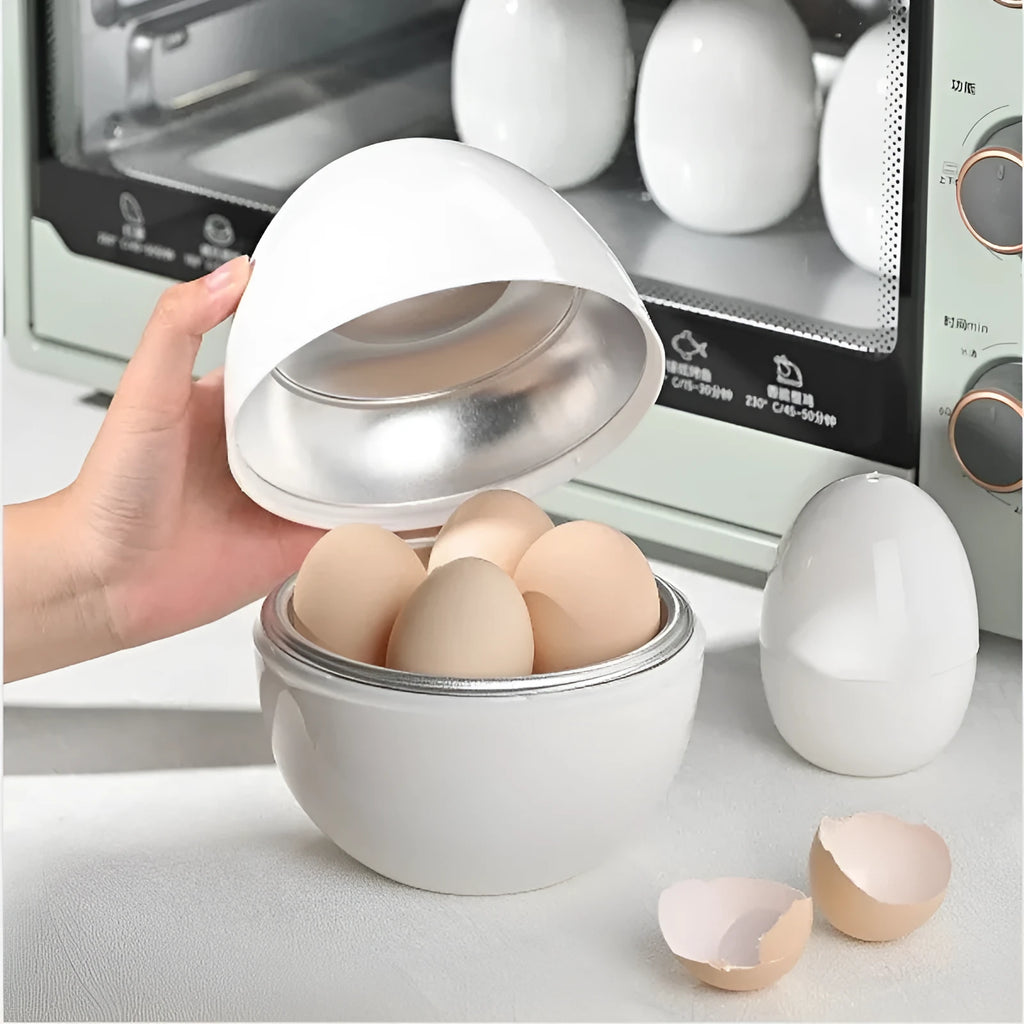 White microwave egg steamer cooker with capacity for four eggs.