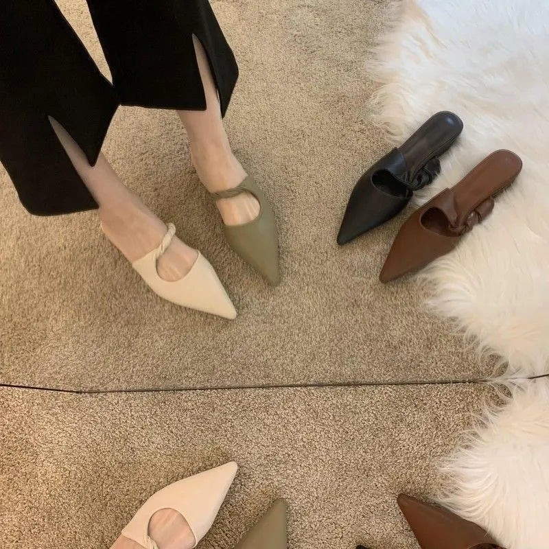 Soft leather women's slippers with semi-toe box design in black, khaki, cream-white, or dark brown.
