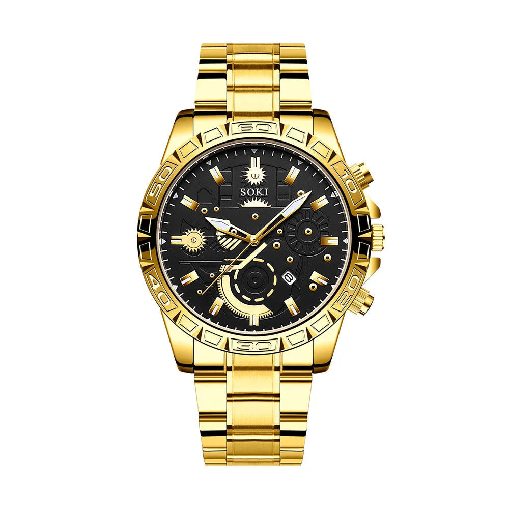 Gold men's stainless steel business wristwatch with calendar display on a metal strap.