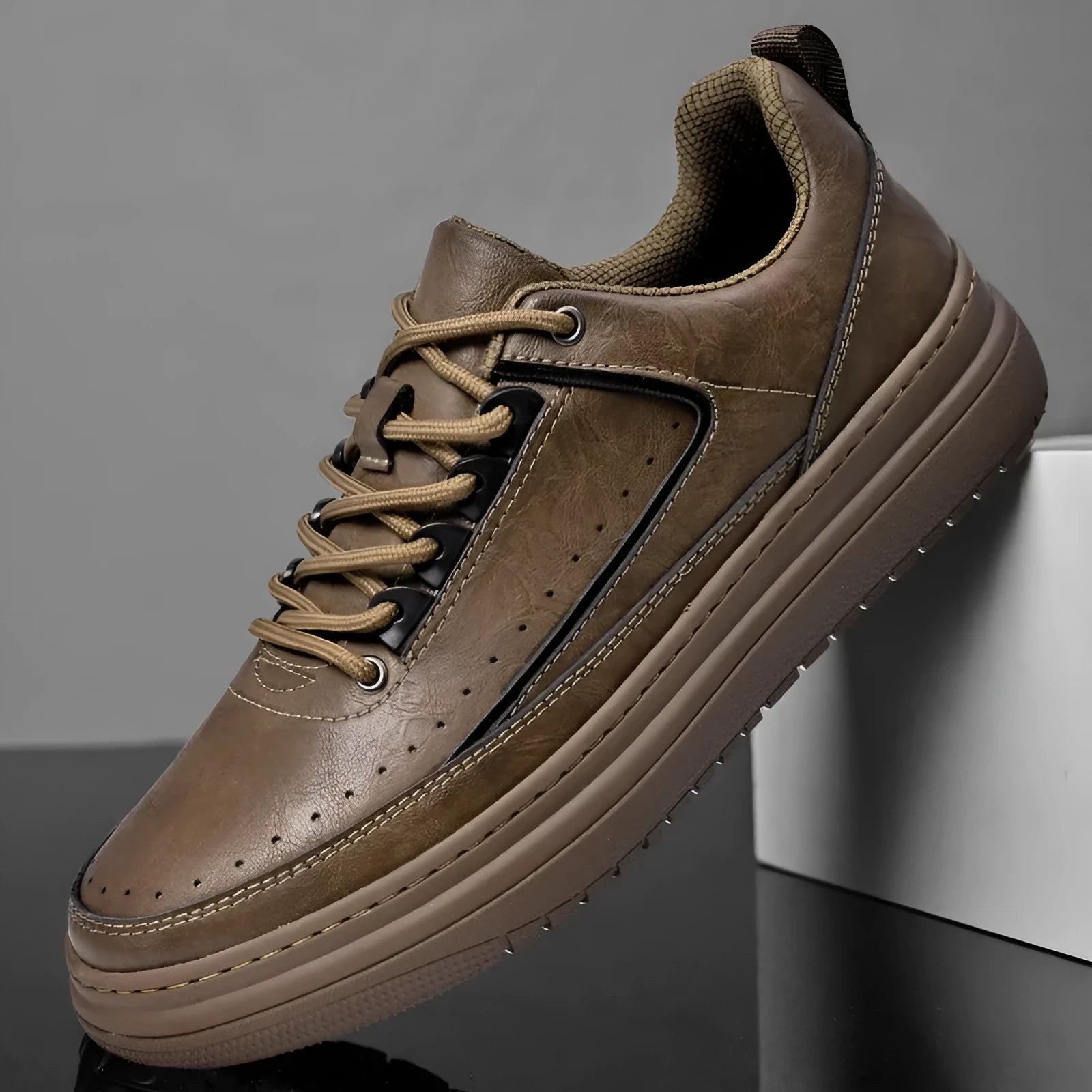 Men's genuine cowhide leather casual lace-up shoes, round toe, flat heel, black colour, side view