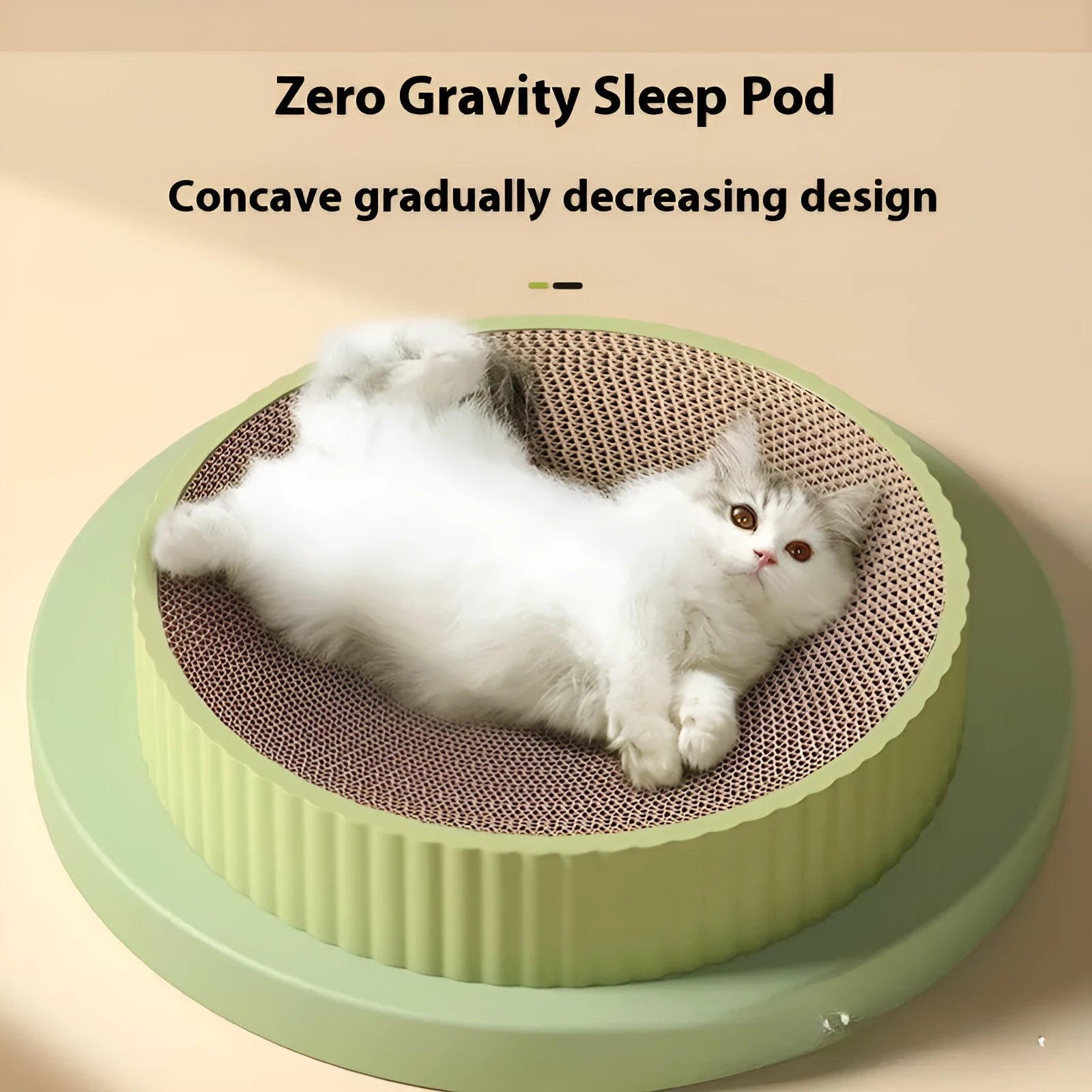 Round green and white corrugated paper cat scratching board and nest, 55cm diameter, with replacement refills.