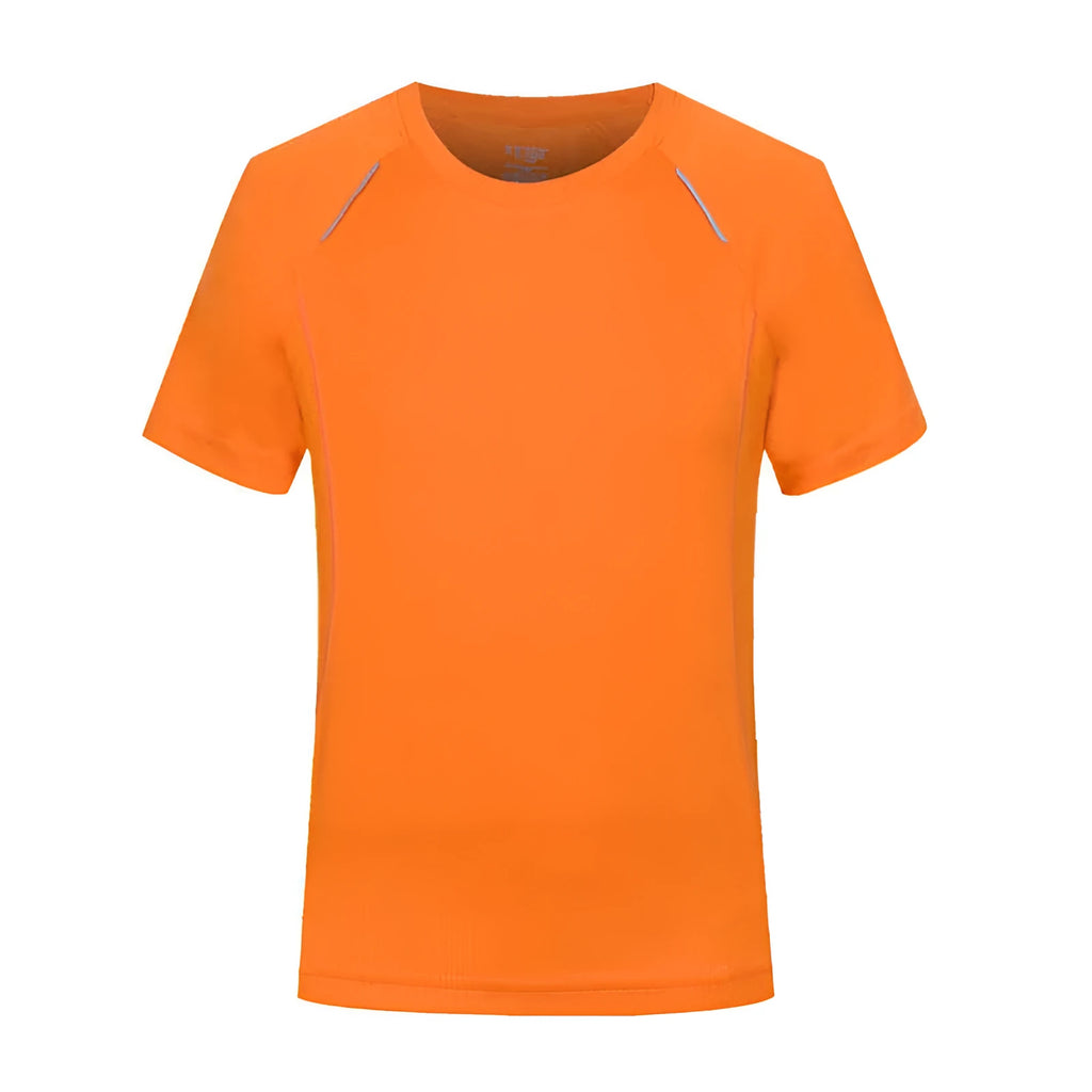 Slim fit quick-dry T-shirt in solid colours on a hanger, showing round neck and short sleeve design.