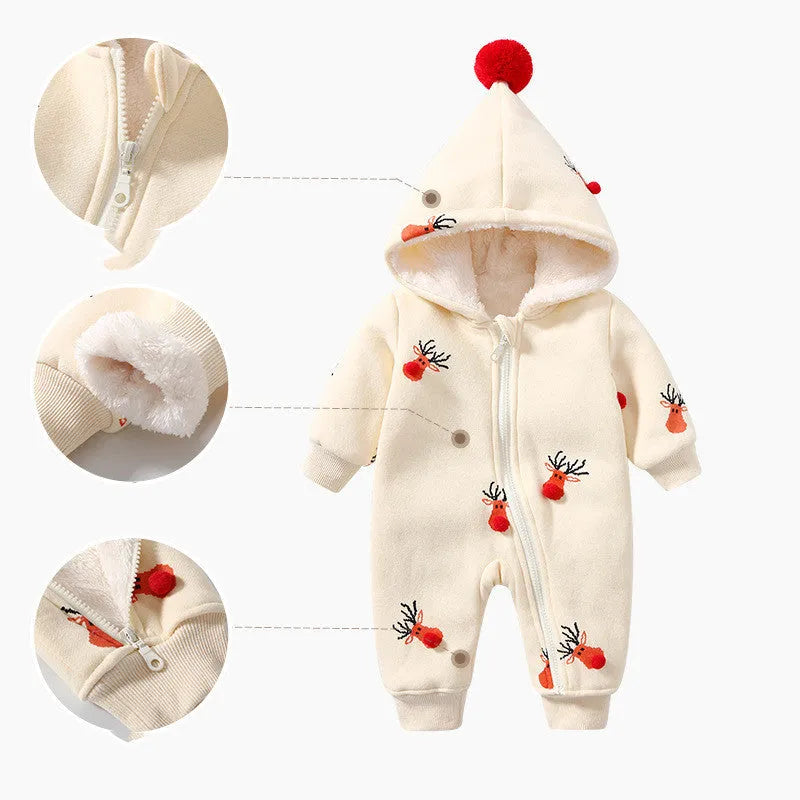 Khaki baby insulated crawling suit with Christmas moose print pattern, cotton Korean style design