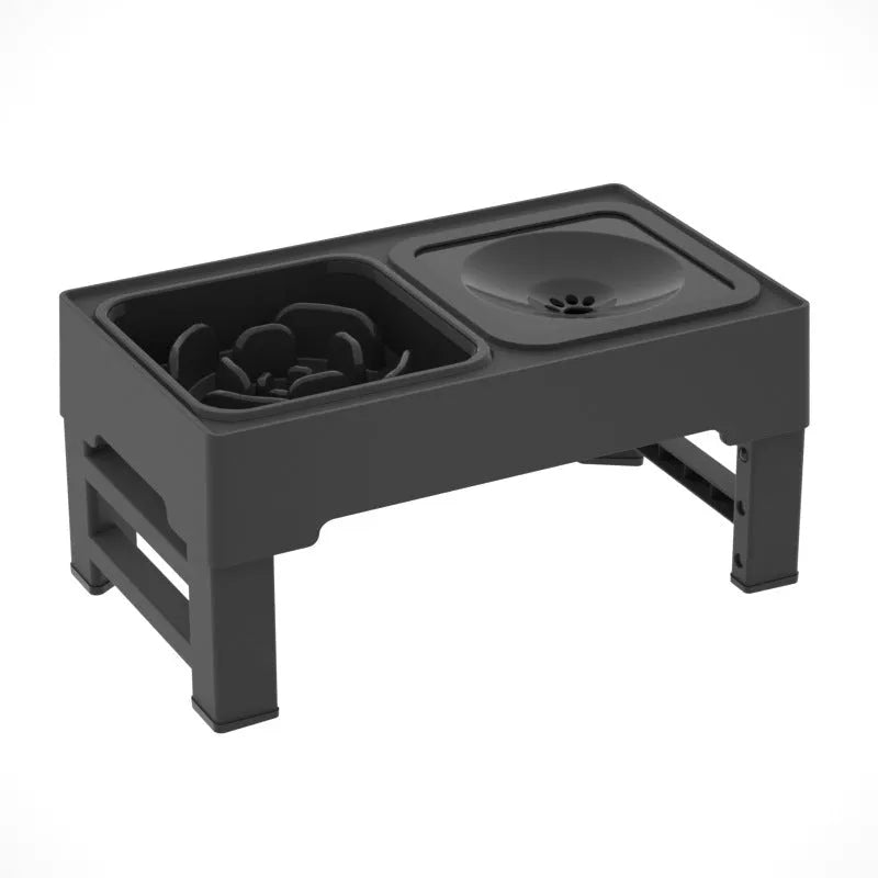 Adjustable height elevated dog feeding stand with stainless steel bowls in black