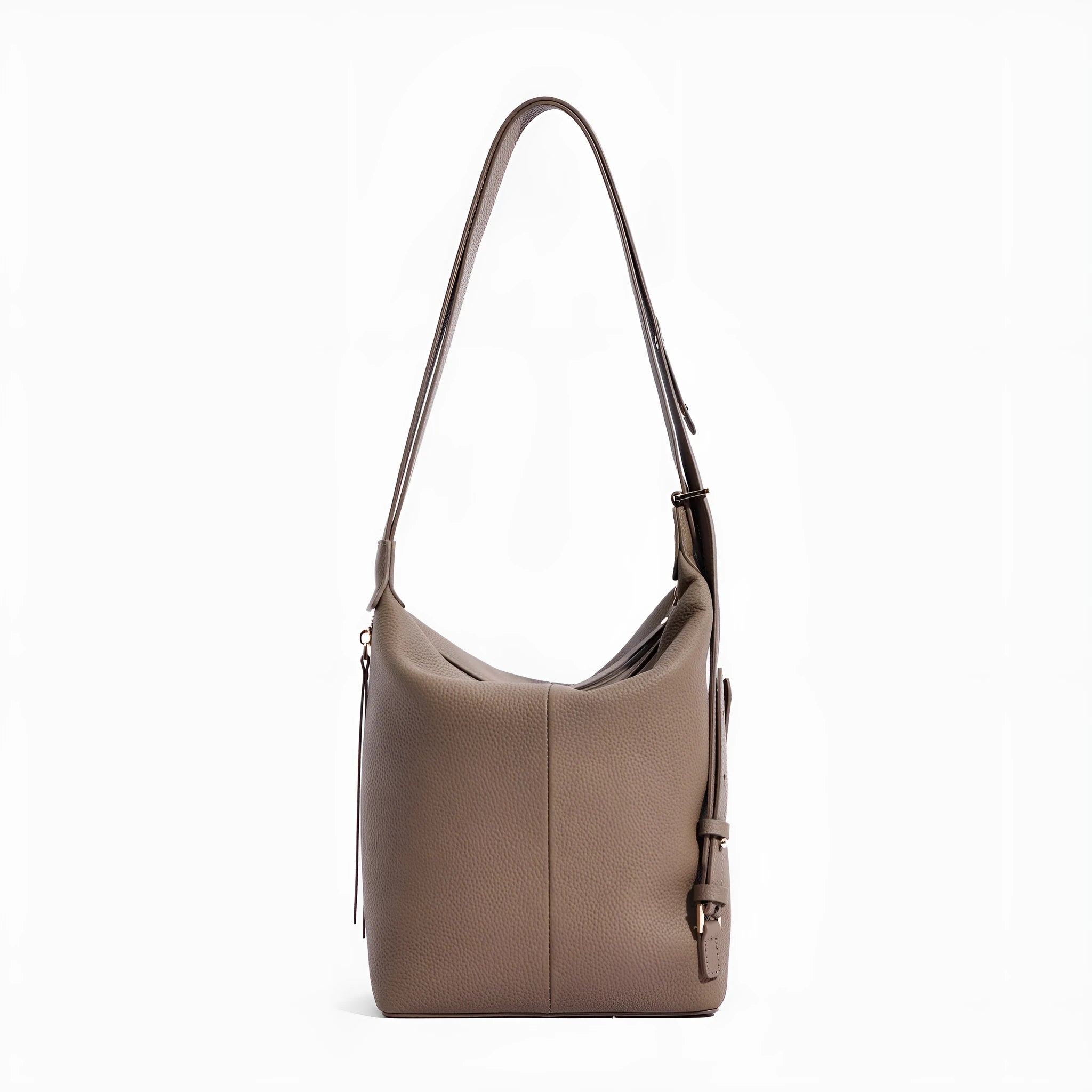 Women's soft cowhide leather bucket bag in elephant grey, black, or milky white