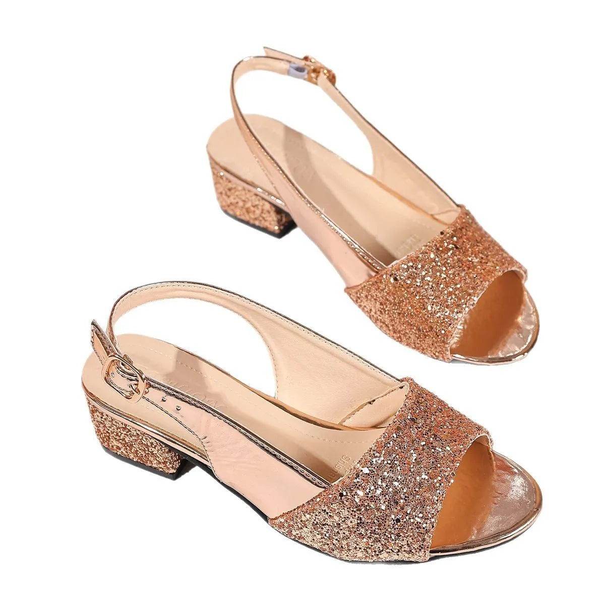 Women's open toe buckle sandals in silver or gold metallic colour with fish mouth toe holder