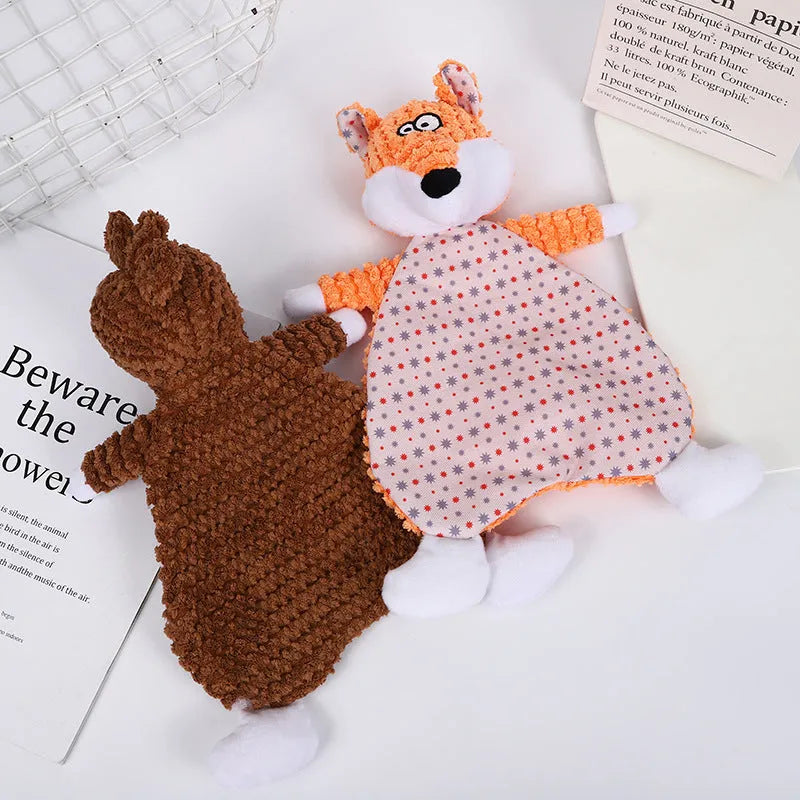 Brown, gray and orange plush pet toys in fox and elephant shapes with velvet texture