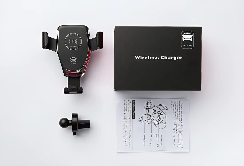 Black car wireless charger mounted on dashboard with iPhone secured in automatic clamp