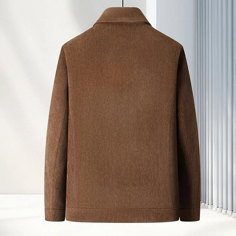 Men's slim fit casual coat in dark blue shown on a model, featuring a thickened design and a neat collar.