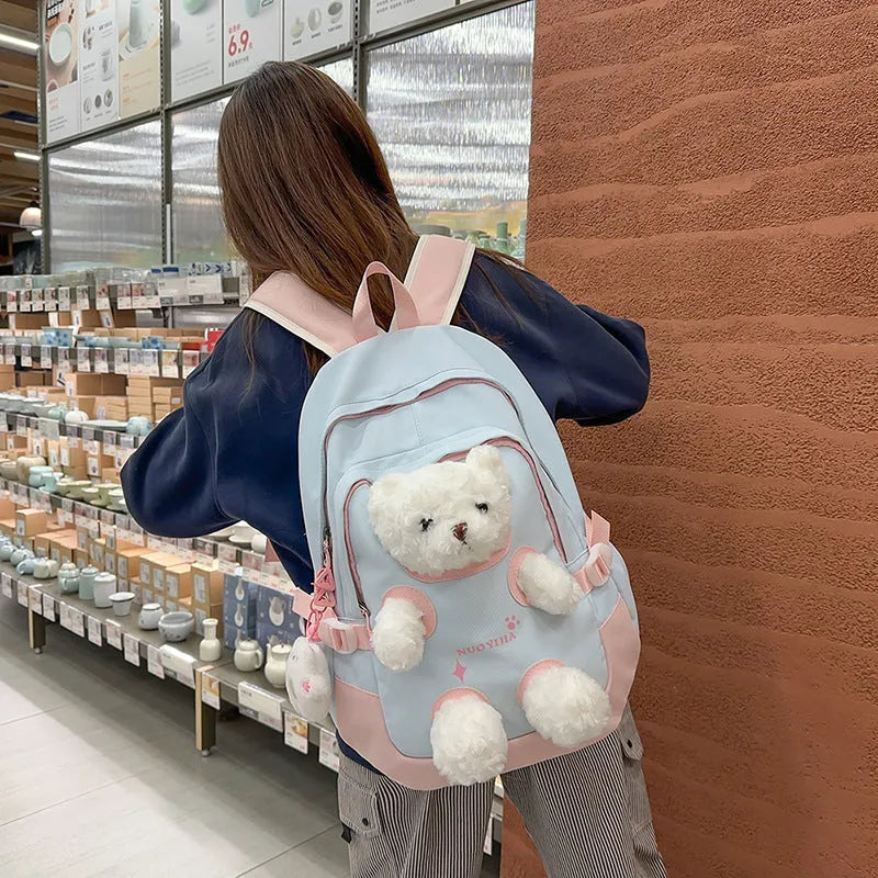 Cute bear school backpack in macaron colours with curved shoulder straps and optional pendant