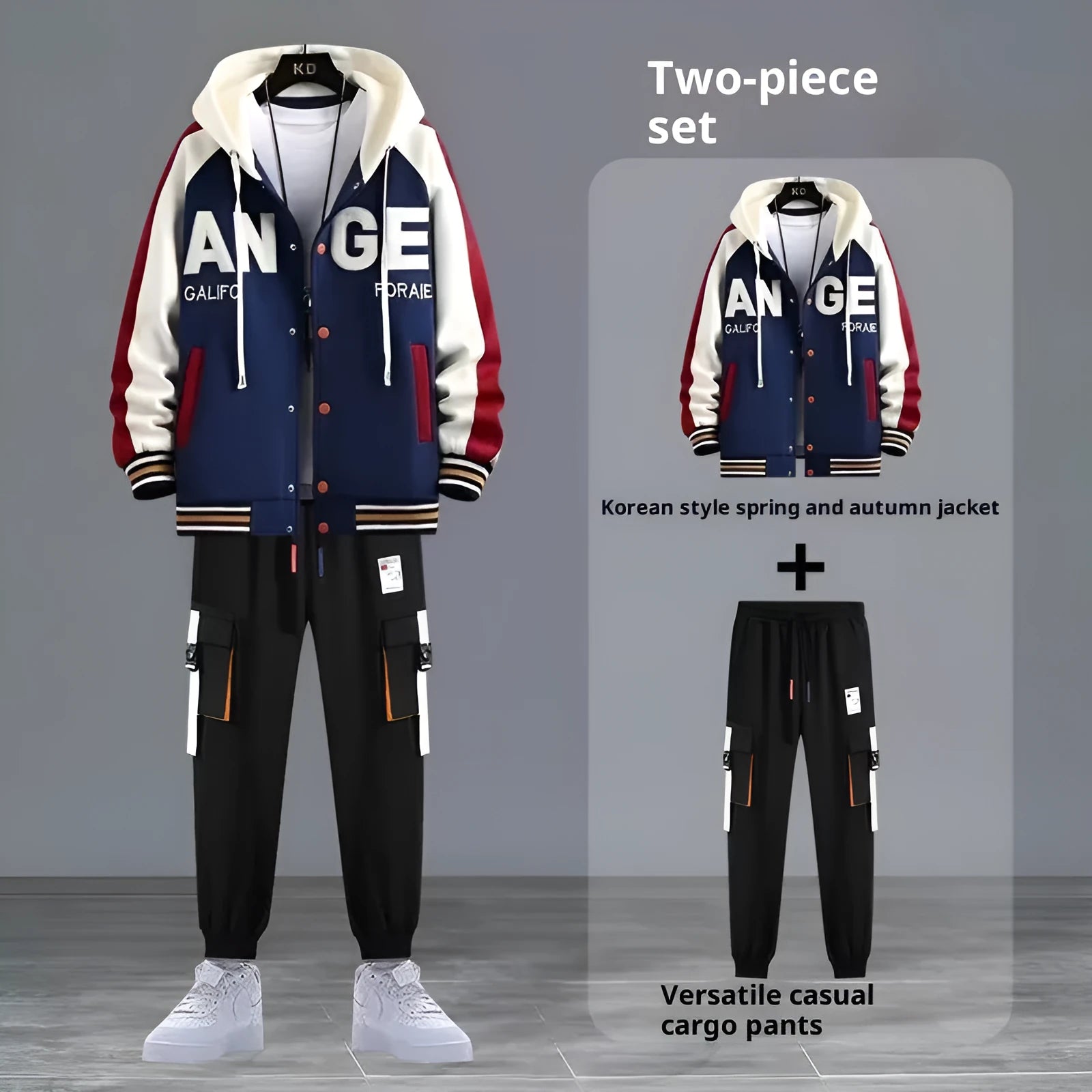 Youth hooded sweater jacket sports suit with trousers, black colour, polyester blend fabric for spring autumn leisure