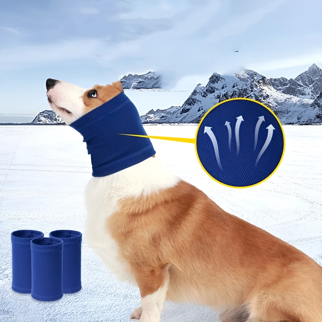 Blue and grey polyester dog comforter headband scarf shown in three adjustable sizes for canine companions