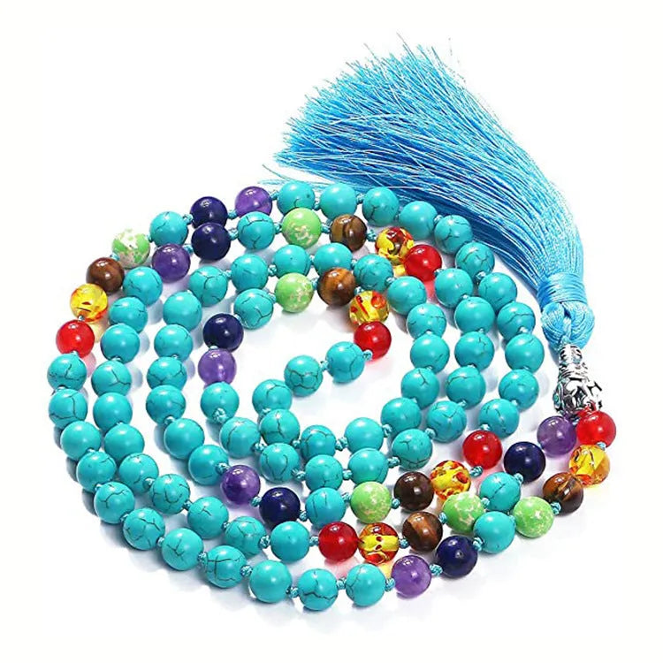 Colourful agate and gemstone tassel necklace with geometry pendant on adjustable 95-100cm chain.