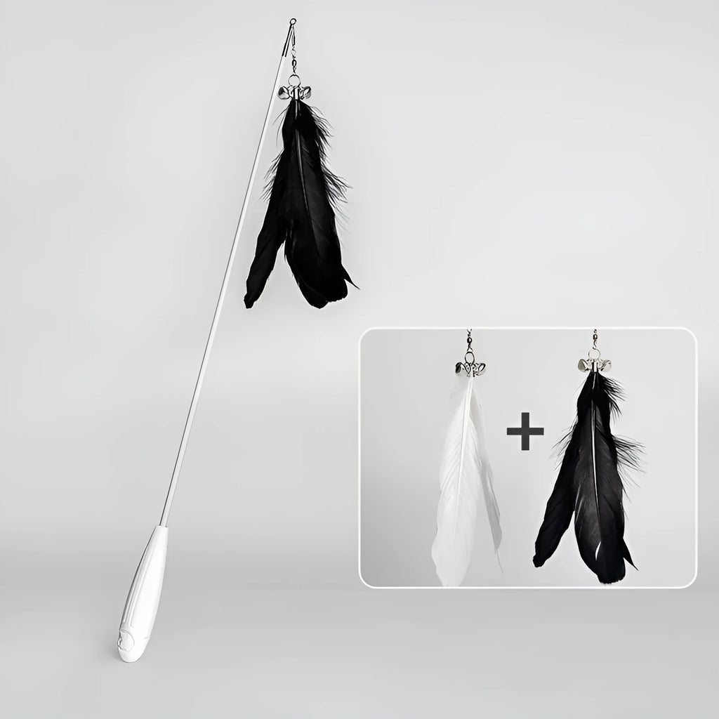 Telescopic cat fishing rod toy with goose feather teaser and bell, shown extended and collapsed.