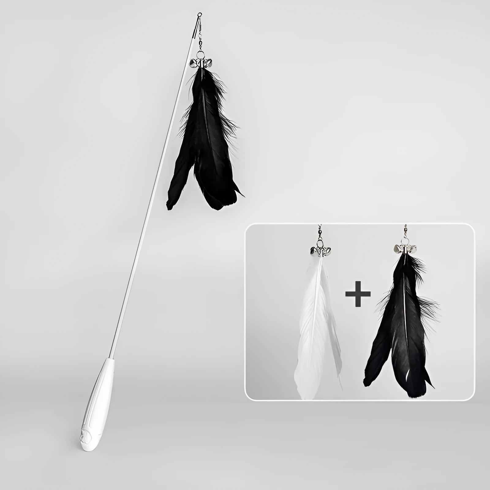 Telescopic cat fishing rod toy with goose feather teaser and bell, shown extended and collapsed.