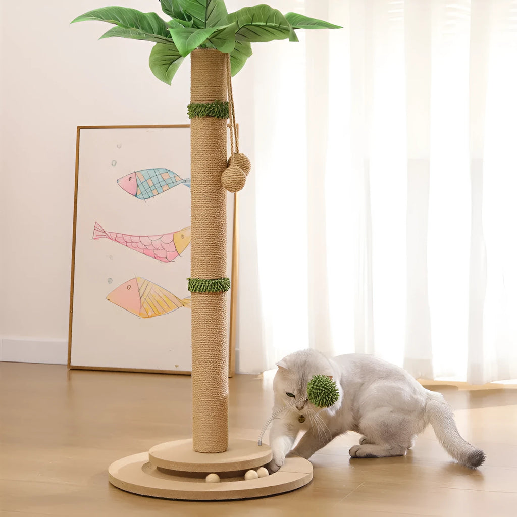 Vertical cat climbing frame with hemp rope scratching surface and canna-coloured column.