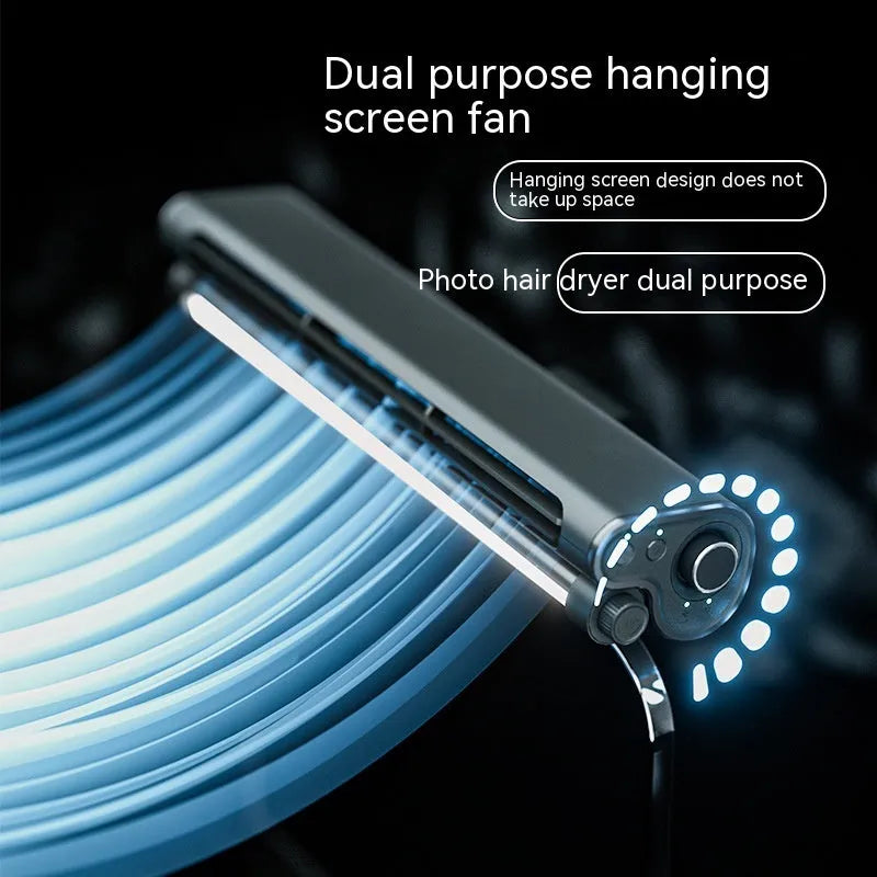 Black USB-powered bladeless fan with a clip, mounted on a laptop screen, showing its integrated light.