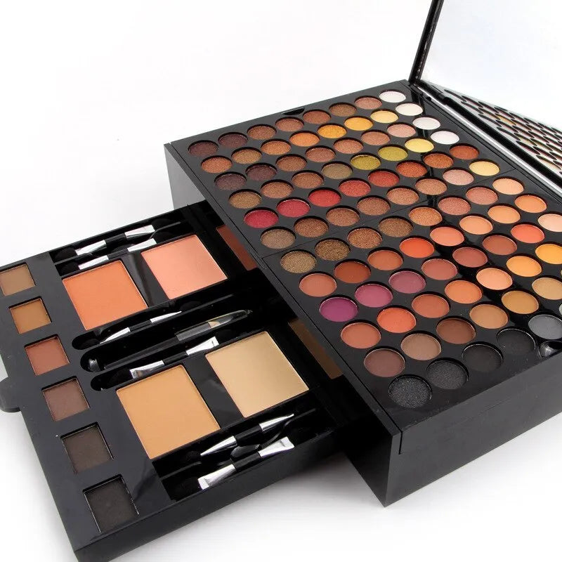 Piano-shaped makeup palette box showing 190 colour pans including eyeshadows, blush and contour powders