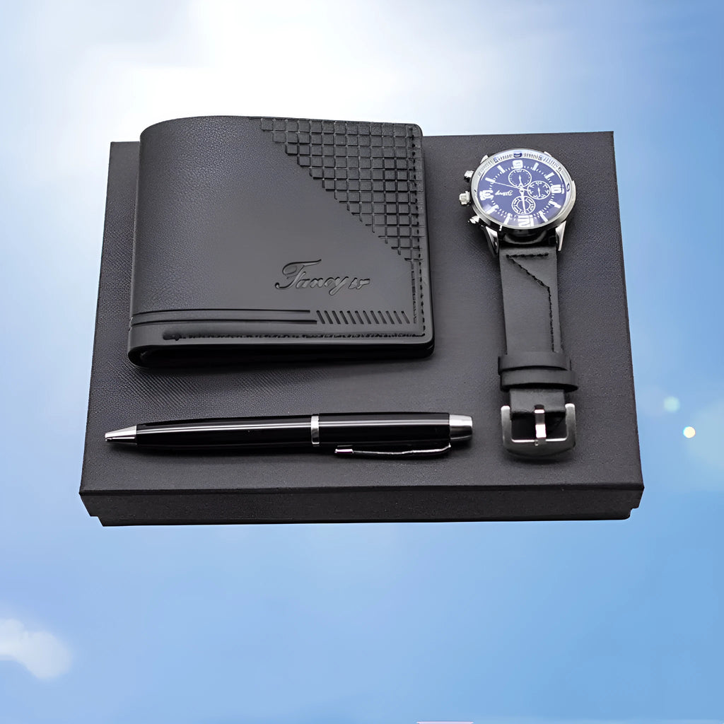 Business gift set with wallet, pen and watch in modern simplicity design presented in gift box