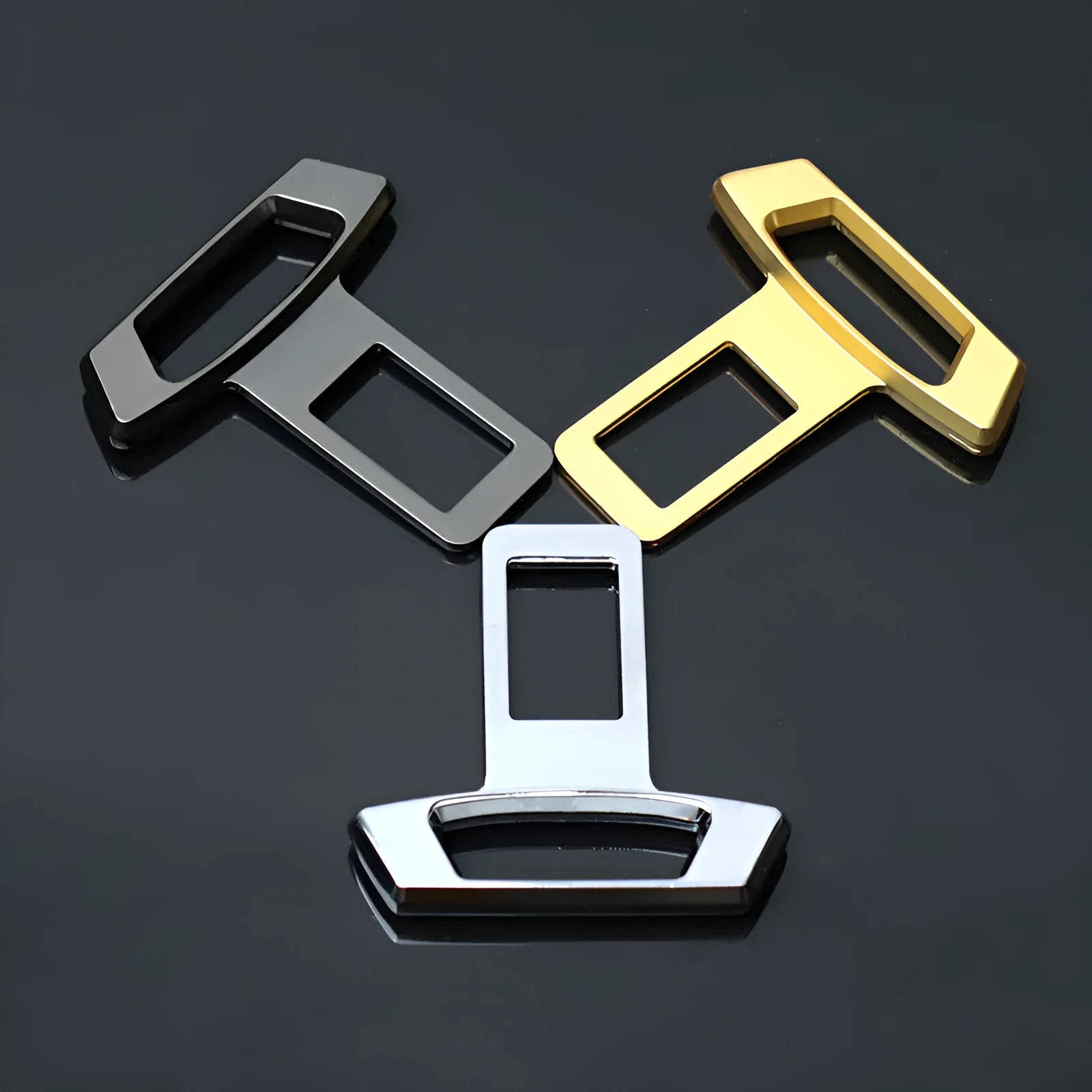 Metal car dashboard silencer insert in matte black, gold, and silver colour options.