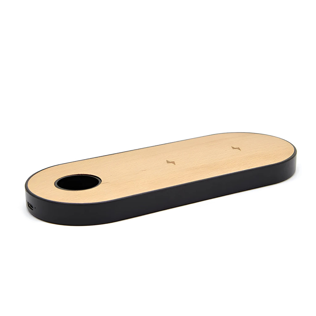 Wooden wireless charging station in bamboo and PC with beech or walnut finish options