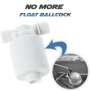 White nylon automatic float valve with multiple thread size options for water tanks.