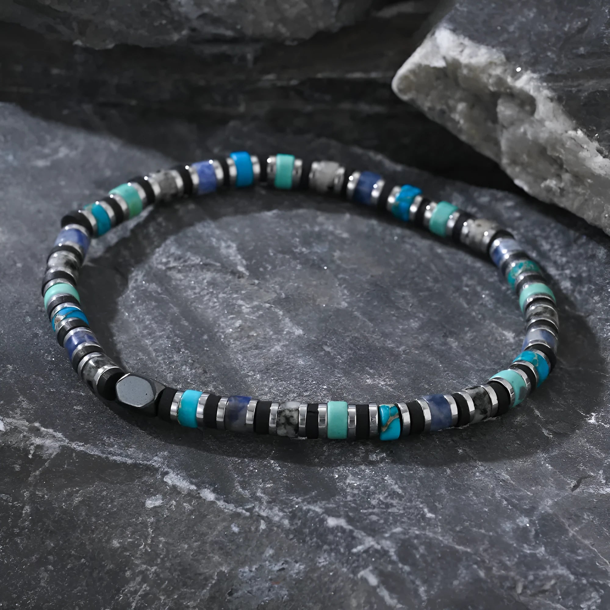 Hand-woven bohemian bracelet with cylindrical semi-precious stone beads in geometric arrangement