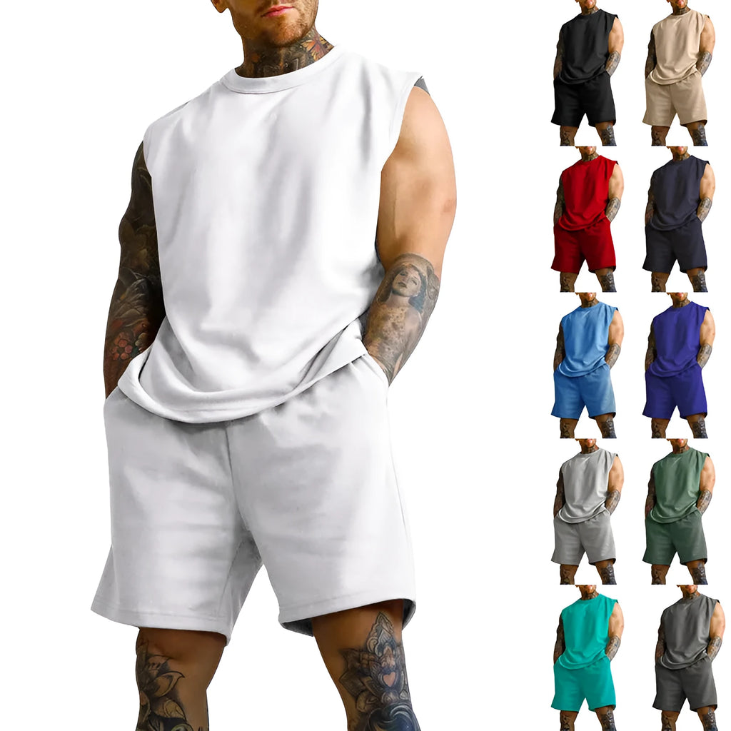 Men's sleeveless cotton blend sports suit set in multiple colour options with matching shorts