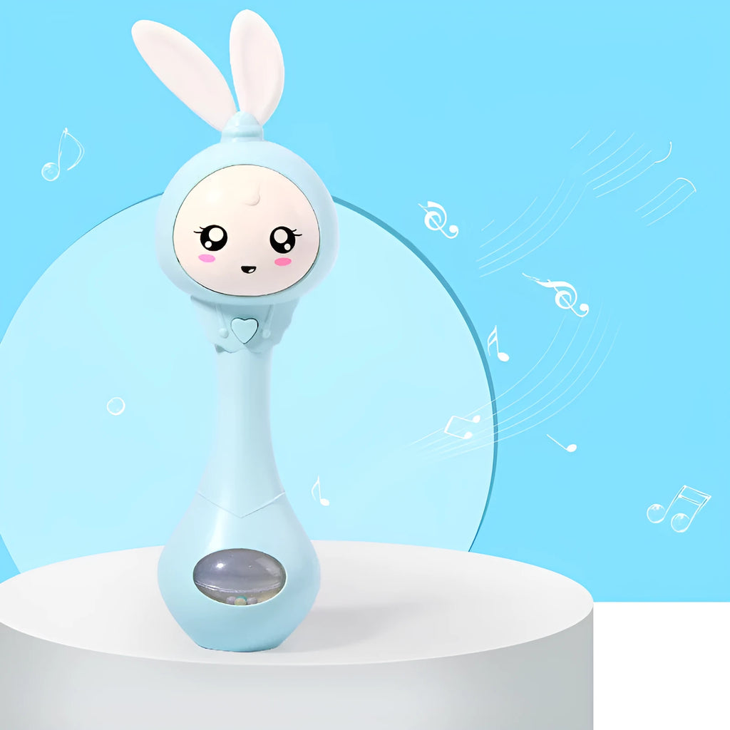 Baby molar music stick teether in light blue, mint green, orange or pink with chewable surface and electronic components