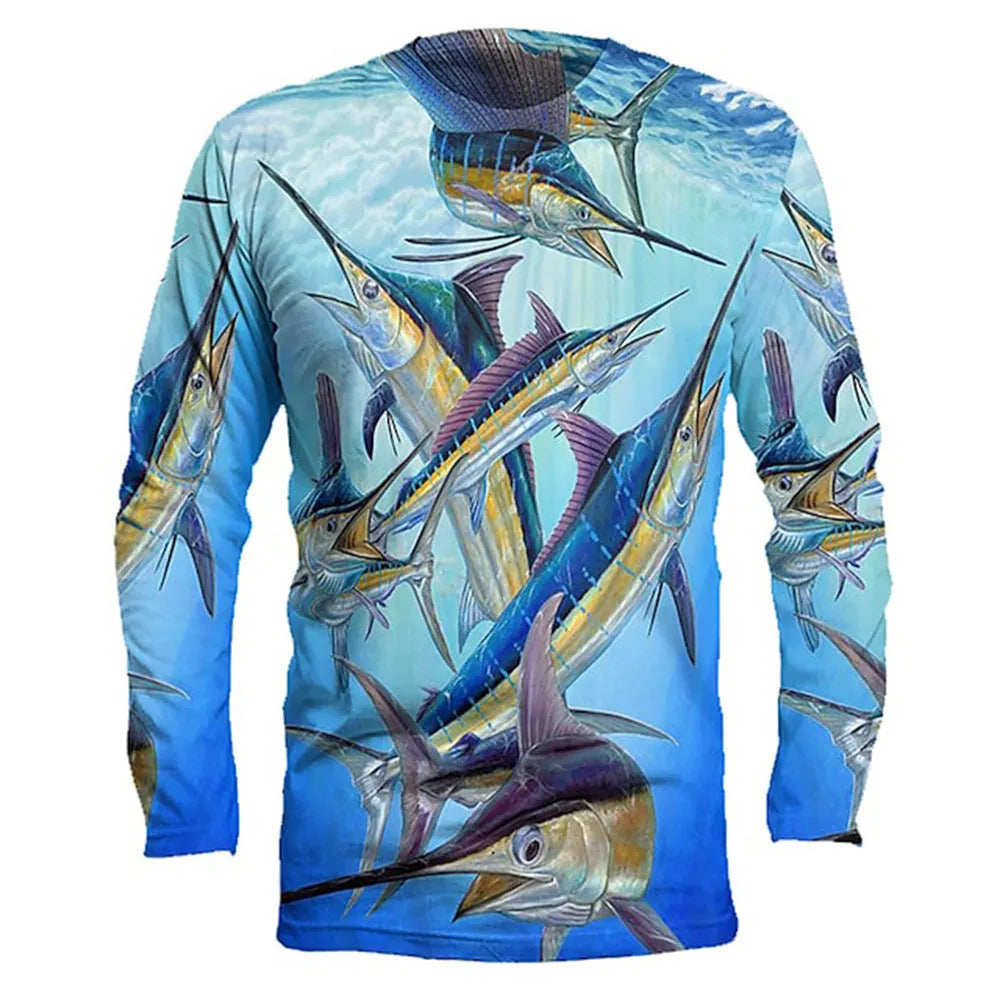 Men's long-sleeved grey pullover top with a detailed all-over blue fish print, round neck