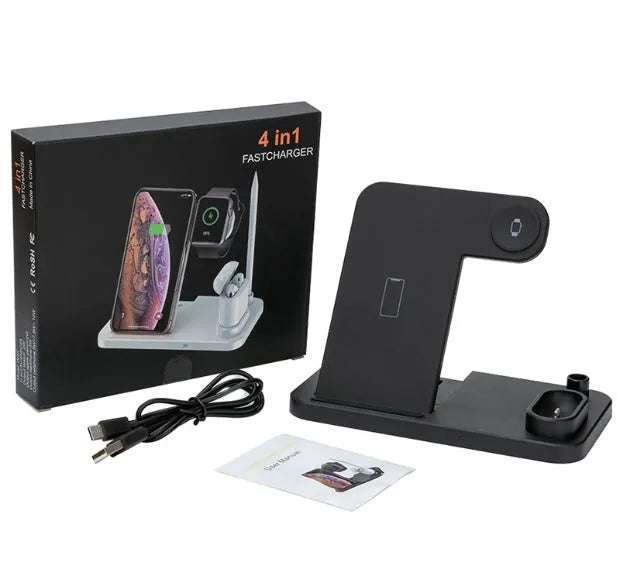 4-in-1 adjustable wireless charging station showing phone, watch, earbuds and pencil charging on a desk.