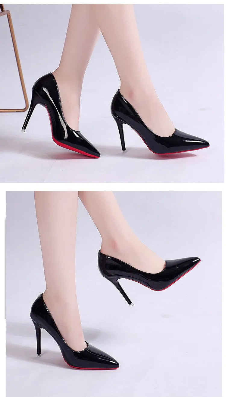 Women's solid colour stiletto heel court shoes with pointed toe and shallow cut design.