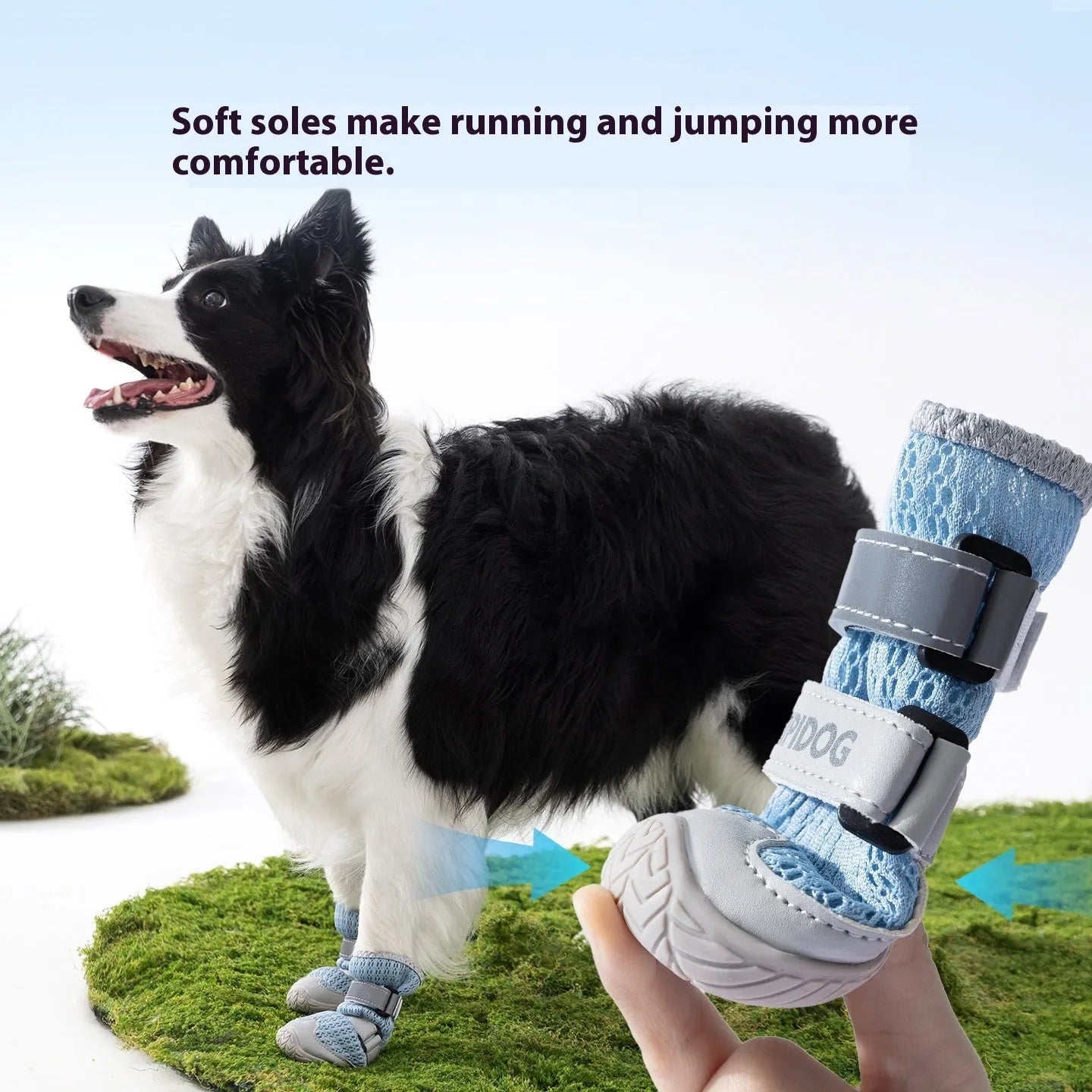 Cartoon style dog shoes in Bondi Blue colour with wear-resistant PU construction for summer paw protection