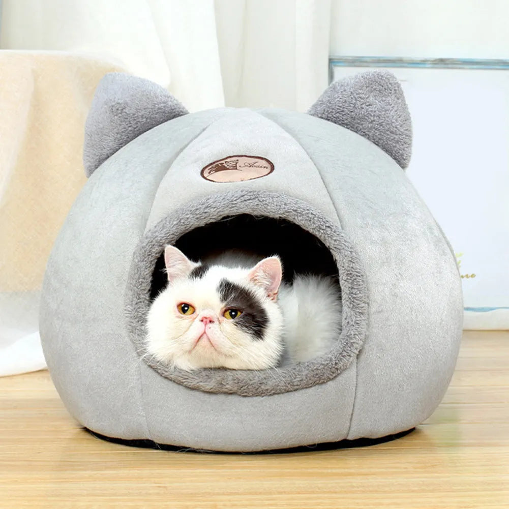 Large beige fully enclosed cat sofa winter nest with warm lining